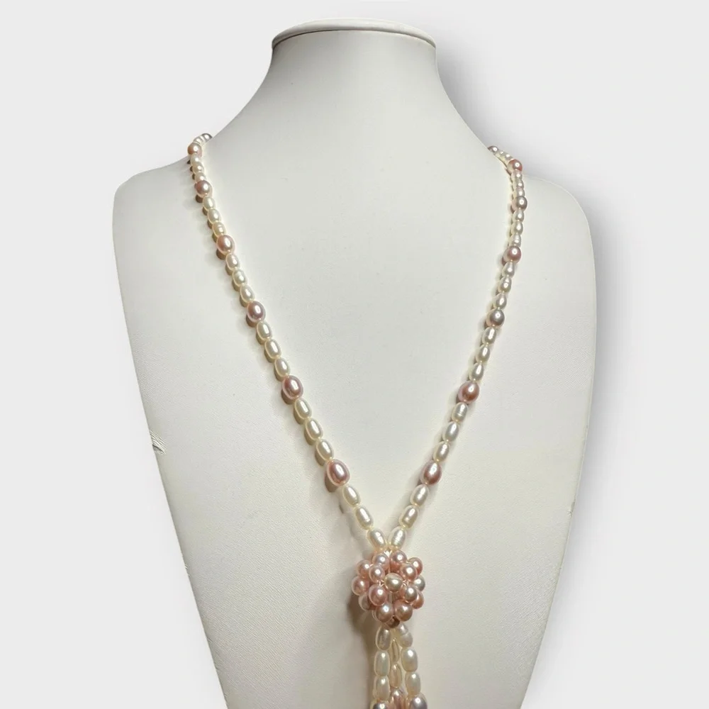 Vintage Pink & Cream Freshwater Pearl, Beaded Dangle Necklace - Picture 3 of 6
